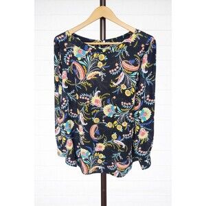 LOFT NWOT Blouse  Floral Long Sleeve Crew Neck Black Floral Paisley Shirt  L